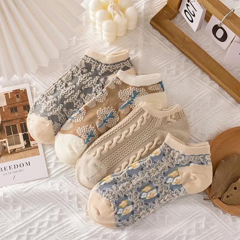 4 Pairs Floral Print Ankle Socks Comfy & Breathable Low Cut Women's Stockings