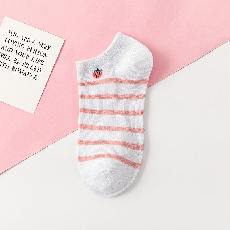 5 Pairs Strawberry Print & Plaid Striped Ankle Socks Women's Stockings