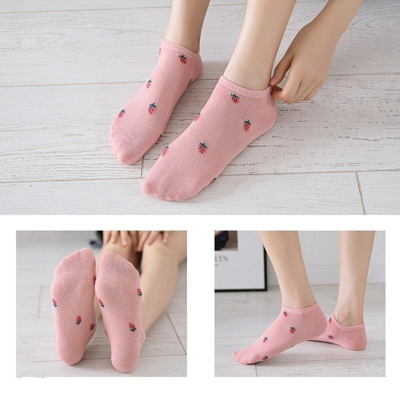 5 Pairs Strawberry Print & Plaid Striped Ankle Socks Women's Stockings