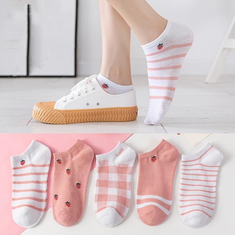 5 Pairs Strawberry Print & Plaid Striped Ankle Socks Women's Stockings