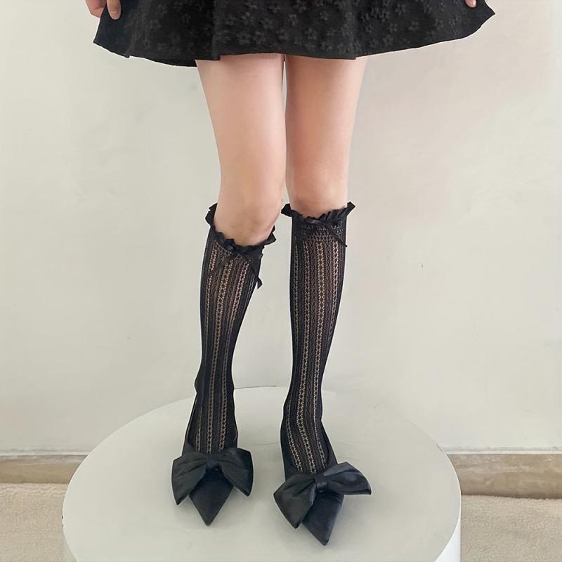 Ruffle Bow Tie Knee High Socks Lolita Mesh Stockings