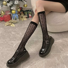 Floral Lace Mesh Calf Socks Women's Knee High Stockings