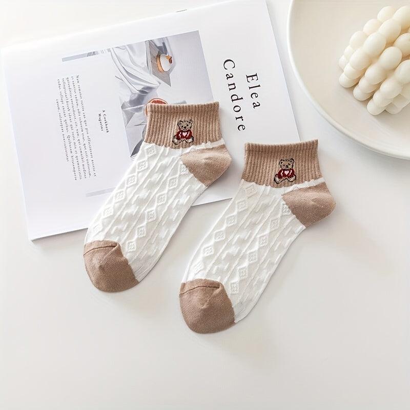 5 Pairs Cartoon Bear Print Socks Crew Short Stockings Women's Hosiery