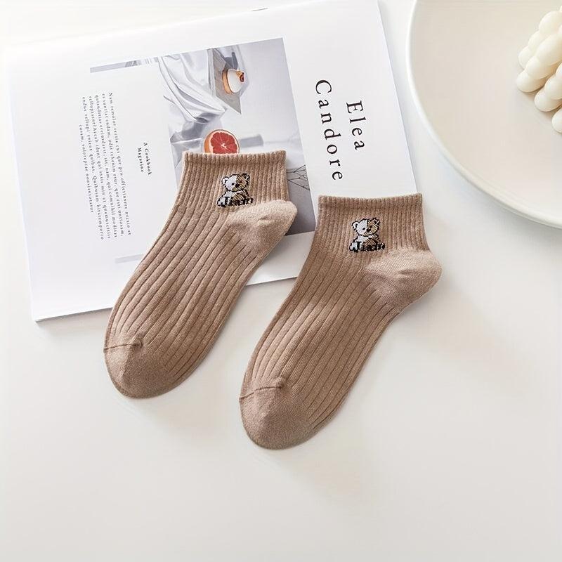 5 Pairs Cartoon Bear Print Socks Crew Short Stockings Women's Hosiery