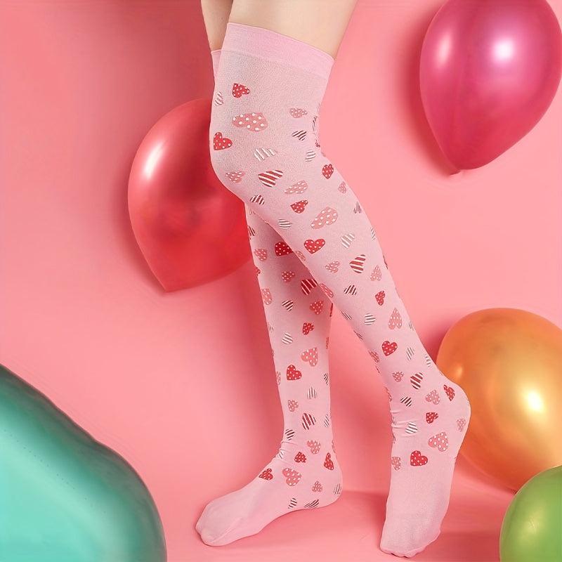 Heart Print Thigh High Socks Bow Over The Knee Socks Women's Stockings