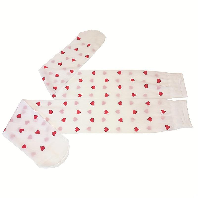 Heart Print Thigh High Socks Bow Over The Knee Socks Women's Stockings