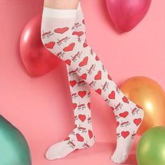 Heart Print Thigh High Socks Bow Over The Knee Socks Women's Stockings
