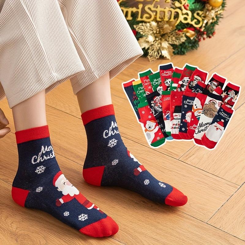 5 Pairs Christmas Print Socks Women's Mid Tube Stockings