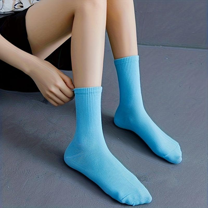 10 Pairs Women's Solid Mid Tube Socks, Comfy & Breathable Stockings