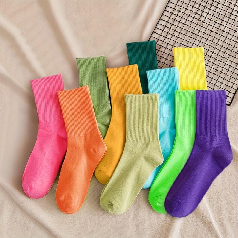 10 Pairs Women's Solid Mid Tube Socks, Comfy & Breathable Stockings