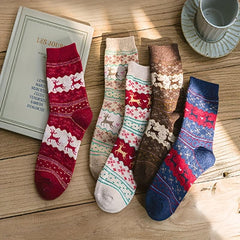 5 Pairs Christmas Elk Print Socks Warm & Cozy Mid Tube Stockings
