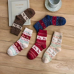 5 Pairs Christmas Elk Print Socks Warm & Cozy Mid Tube Stockings