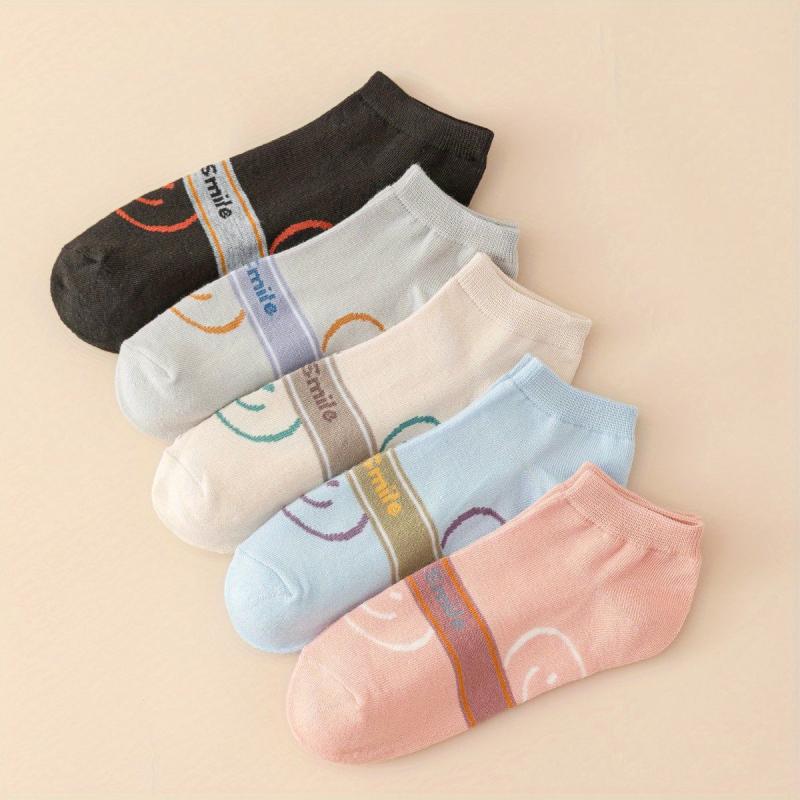 5 Pairs Smiling Face Print Socks Women's Ankle Stockings