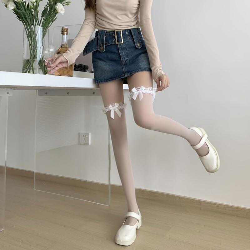 Lace Mesh Thigh High Stockings Ruffle Bow Over The Knee Socks