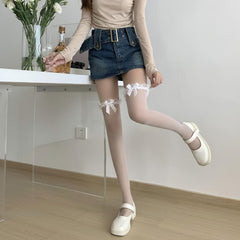 Lace Mesh Thigh High Stockings Ruffle Bow Over The Knee Socks