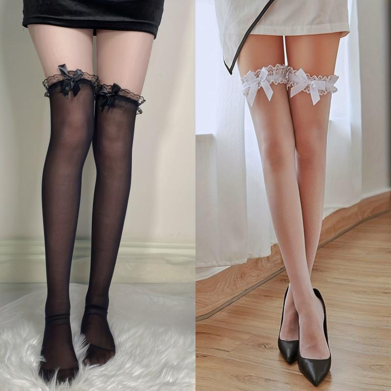 Lace Mesh Thigh High Stockings Ruffle Bow Over The Knee Socks
