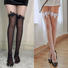 Lace Mesh Thigh High Stockings Ruffle Bow Over The Knee Socks