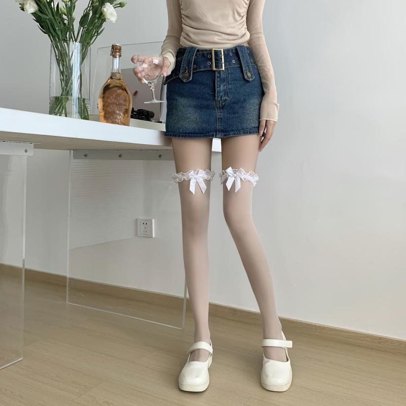Lace Mesh Thigh High Stockings Ruffle Bow Over The Knee Socks