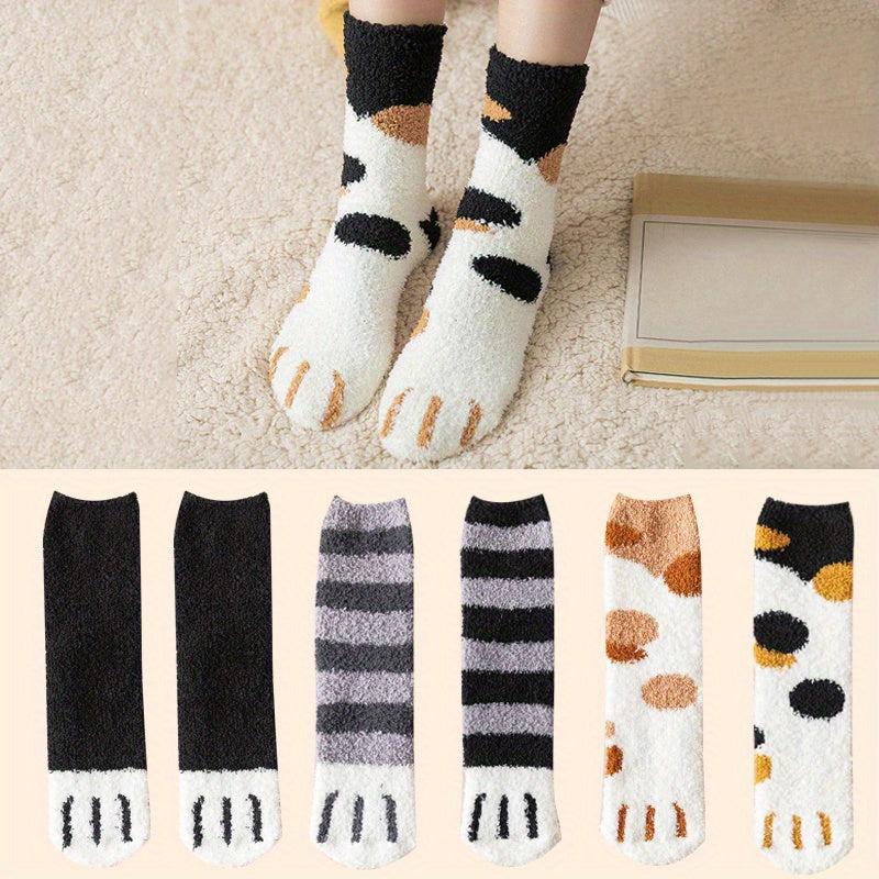 6 Pairs Cat Claw Print Socks Comfy & Fuzzy Warm Stockings