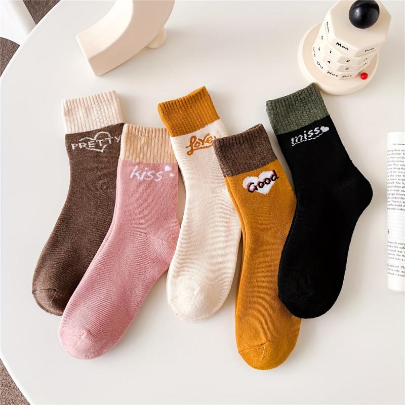 5 Pairs Letter Print Comfy Crew Socks Women's Stockings