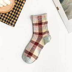 Plaid Print Crew Socks Retro Style Mid Tube Stockings