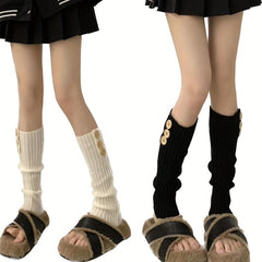 Ribbed Knit Leg Warmers Button Decor Knee High Socks Women's Stockings