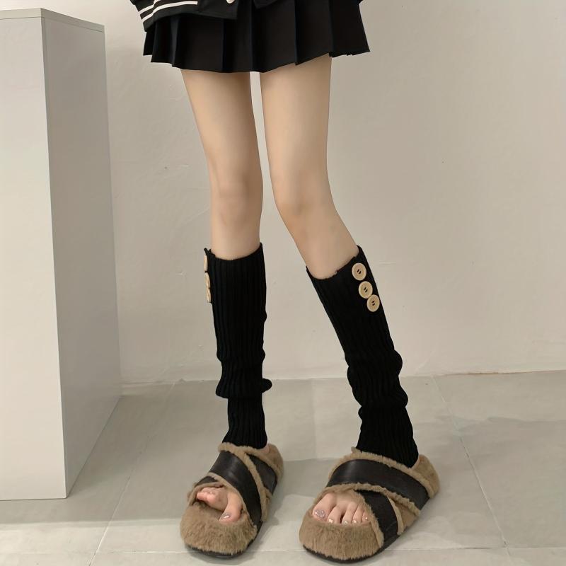 Ribbed Knit Leg Warmers Button Decor Knee High Socks Women's Stockings