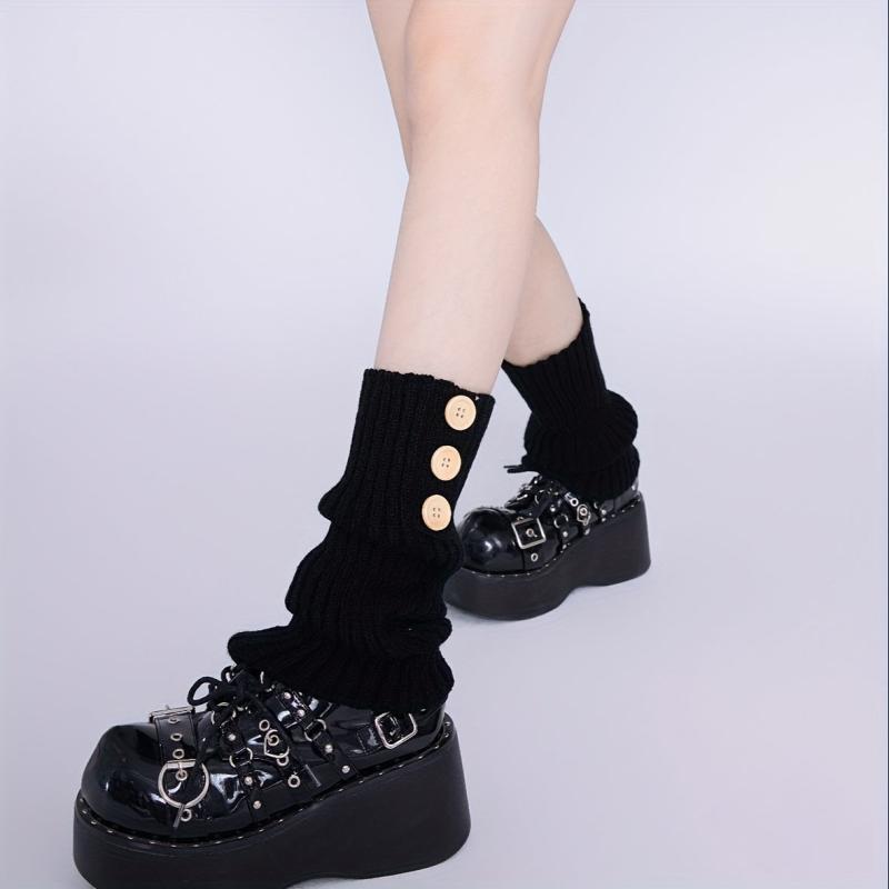Ribbed Knit Leg Warmers Button Decor Knee High Socks Women's Stockings