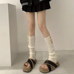 Ribbed Knit Leg Warmers Button Decor Knee High Socks Women's Stockings