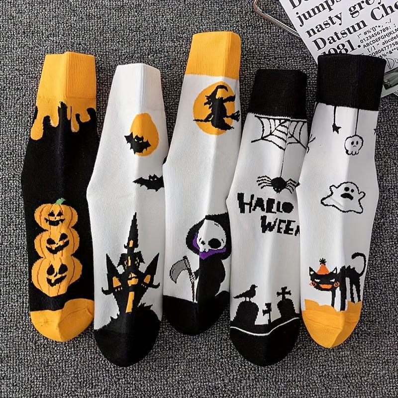 5 Pairs Skull & Bat Print Socks, Comfy & Funny Halloween Women's Stockings