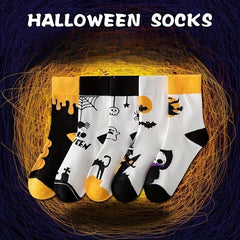 5 Pairs Skull & Bat Print Socks, Comfy & Funny Halloween Women's Stockings