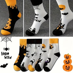5 Pairs Skull & Bat Print Socks, Comfy & Funny Halloween Women's Stockings