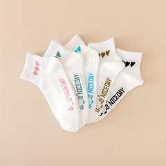 5 Pairs Heart & Letter Print Ribbed Short Socks Women's Stockings