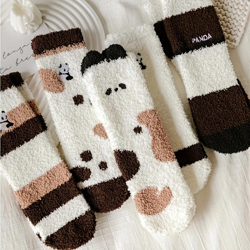 5 Pairs Stripe & Panda Fuzzy Socks Warm Mid Tube Stockings