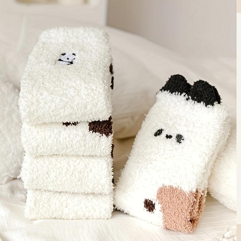 5 Pairs Stripe & Panda Fuzzy Socks Warm Mid Tube Stockings