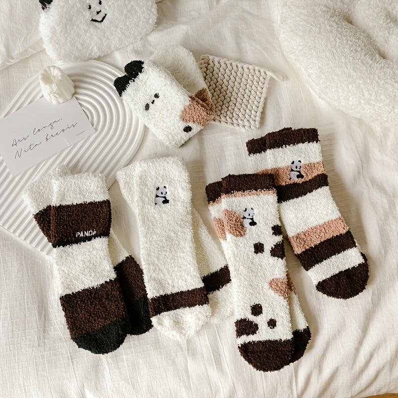 5 Pairs Stripe & Panda Fuzzy Socks Warm Mid Tube Stockings