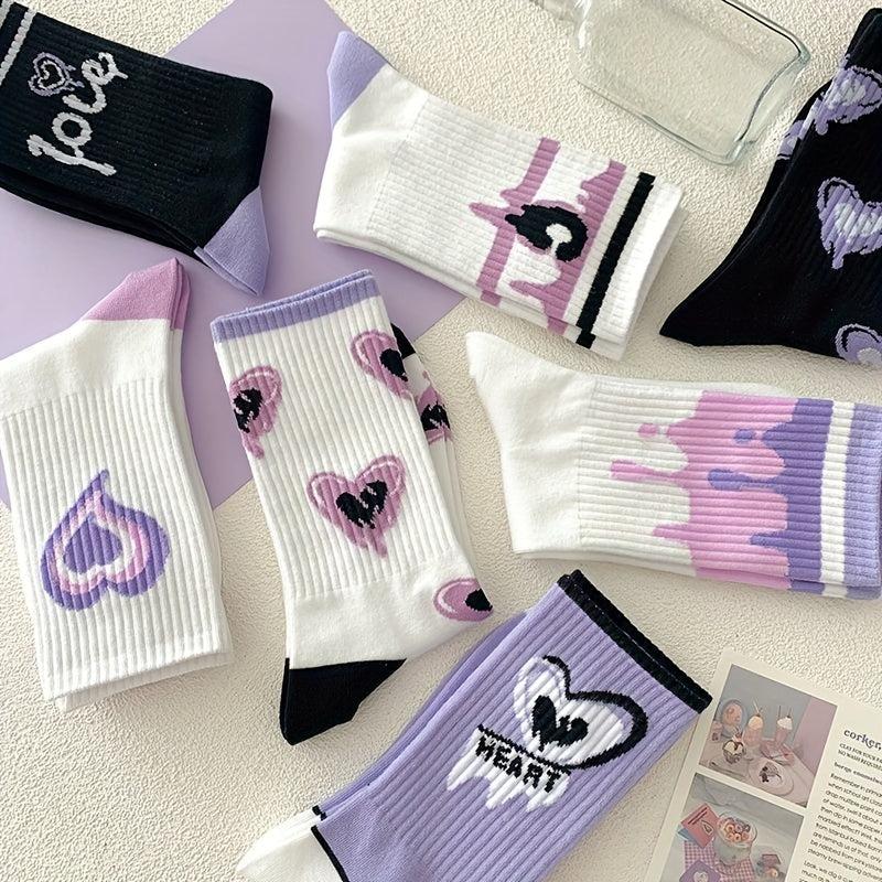 7 Pairs Heart Print Socks Women's Mid Tube Stockings