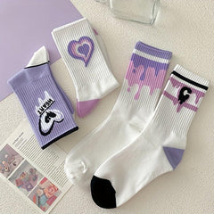 7 Pairs Heart Print Socks Women's Mid Tube Stockings