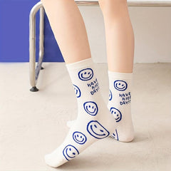 5 Pairs Smiling Face Print Socks College Style Soft & Mid Tube Socks