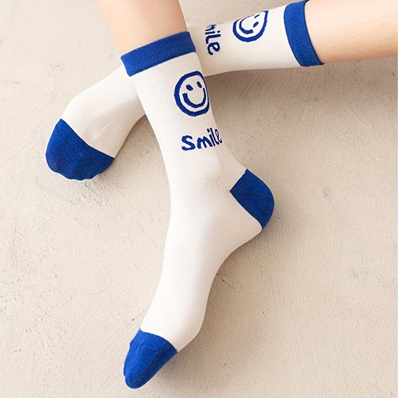 5 Pairs Smiling Face Print Socks College Style Soft & Mid Tube Socks
