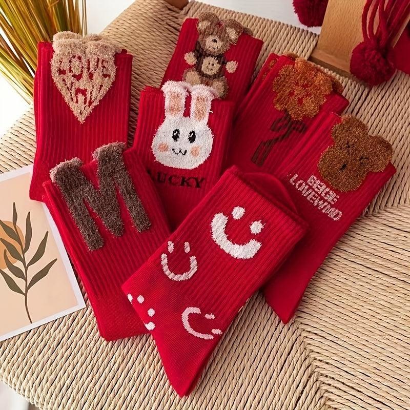 7 Pairs Cartoon Pattern Socks for Women, Comfy & Mid Tube Stockings