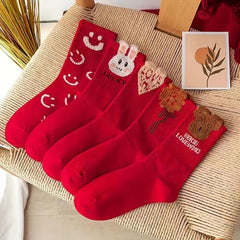 7 Pairs Cartoon Pattern Socks for Women, Comfy & Mid Tube Stockings