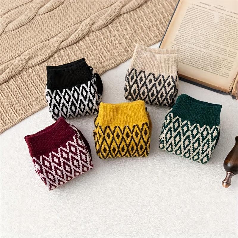 5 Pairs Geometric Pattern Crew Socks Women's Stockings