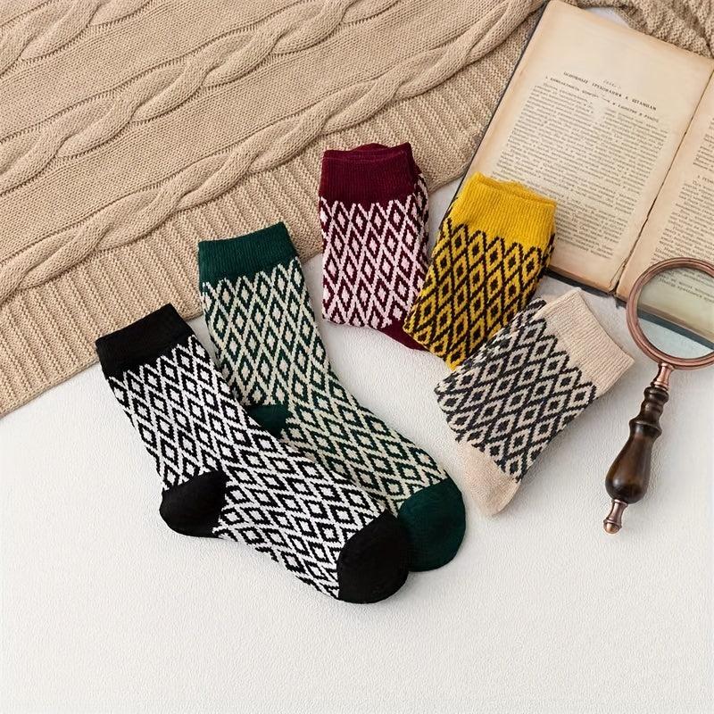 5 Pairs Geometric Pattern Crew Socks Women's Stockings