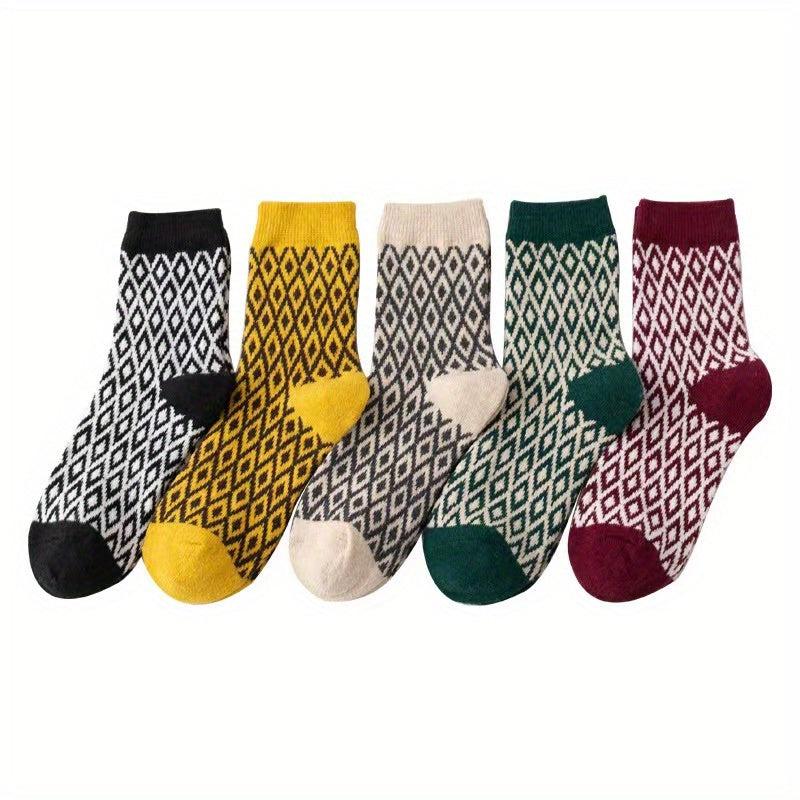 5 Pairs Geometric Pattern Crew Socks Women's Stockings