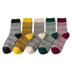 5 Pairs Geometric Pattern Crew Socks Women's Stockings