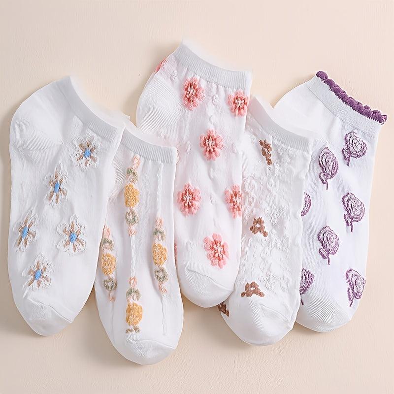 5 Pairs Floral Print Low Cut Ankle Socks Women's Stockings