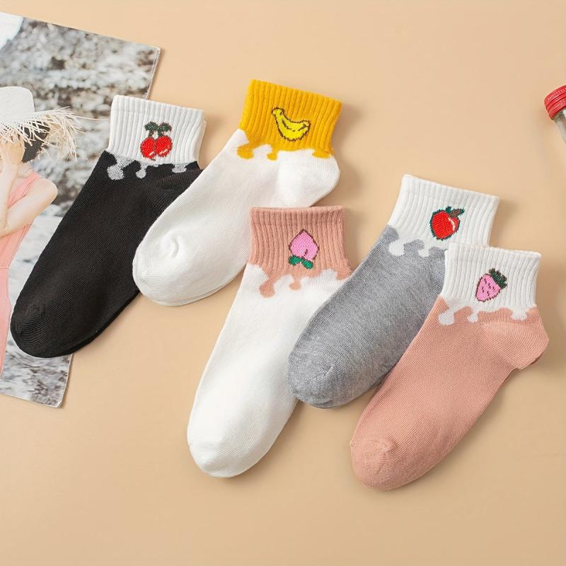 5 Pairs Fruit Print Women's Crew Socks Stockings
