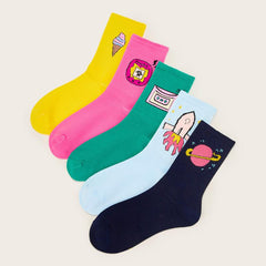 5 Pairs Cartoon Pattern Crew Socks Lightweight & Comfy Women's Stockings