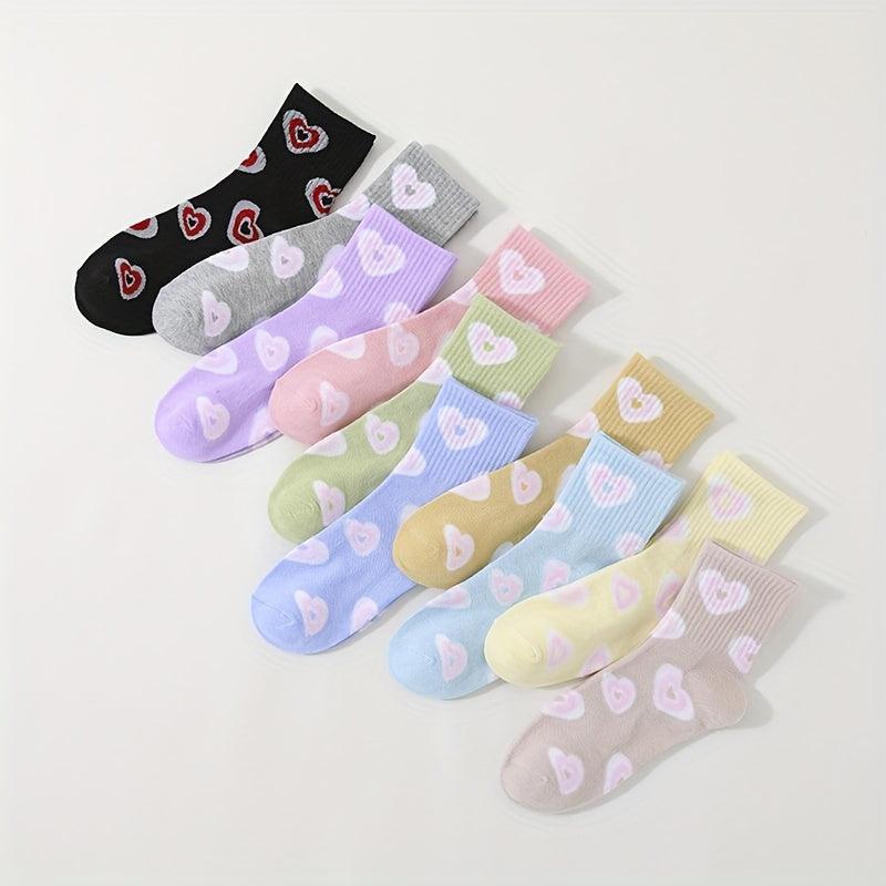 10 Pairs Heart Print Socks Comfy & Breathable Women's Stockings